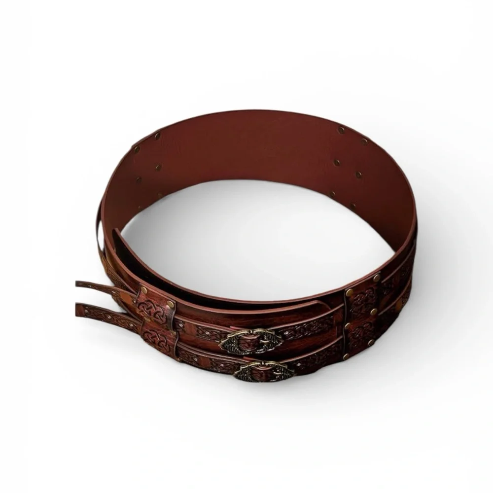 Brown wide faux Leather Belt with antique Gold Buckle Renaissance Eclectic Sz XL